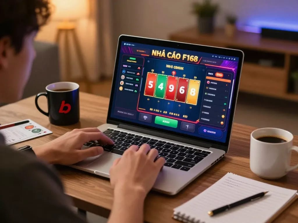 Engaged player using NHÀ CÁI F168 on a laptop, showcasing a lively online casino experience.