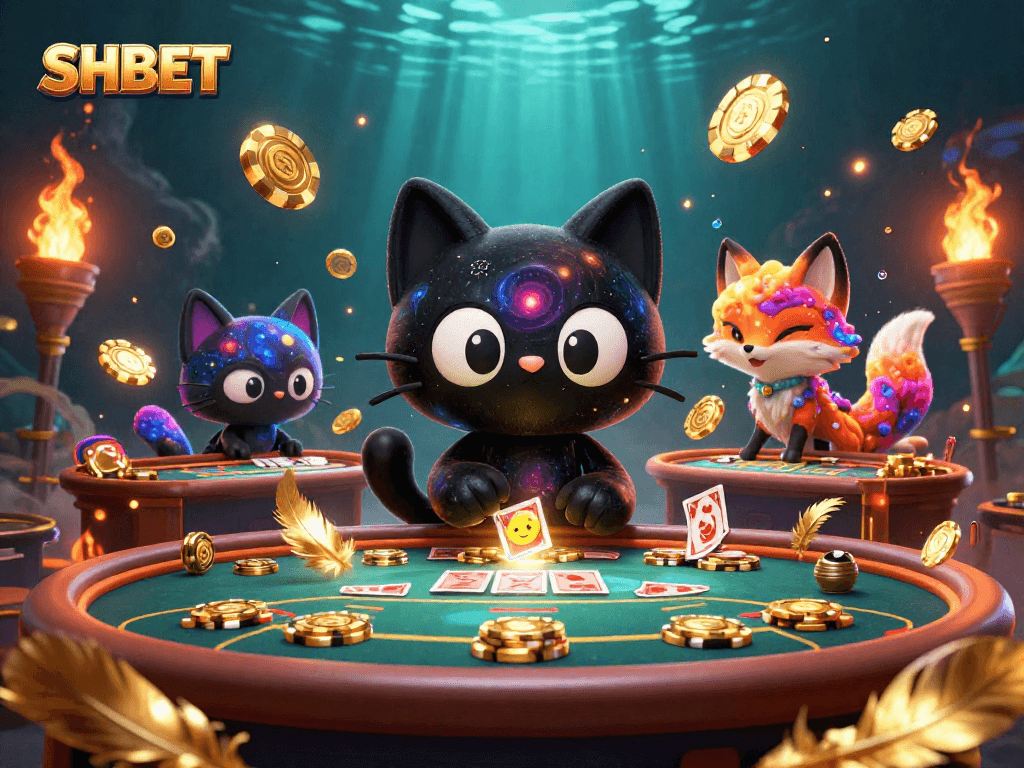 Engage in thrilling gameplay with SHBET's cosmic casino featuring a black hole cat and nebula fox.