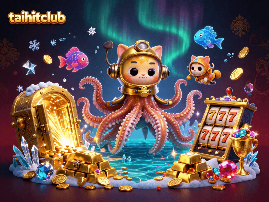 Experience excitement with taihitclub in an ultra-detailed 3D kraken casino scene filled with treasures and slot reels.