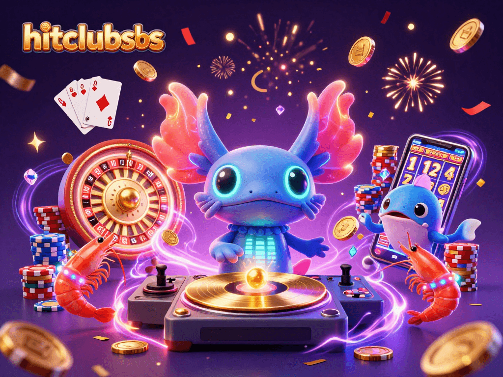 Hitclubsbs features a vibrant 3D casino scene with a DJ axolotl and lively sea creatures.