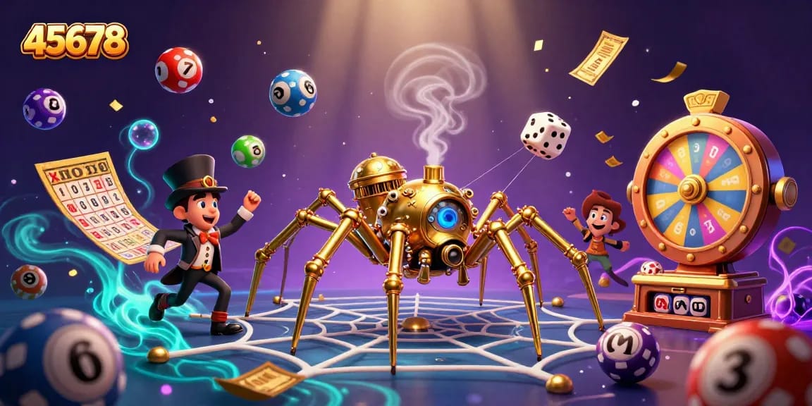 Engage in thrilling games at 45678 with vibrant lottery elements and a unique steampunk design.