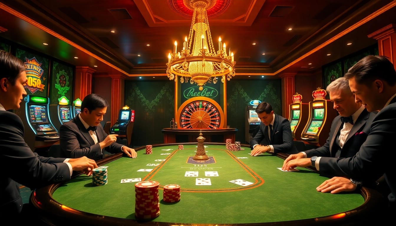 Exciting casino scene with players at debet.spot poker table, showcasing colorful chips and roulette.