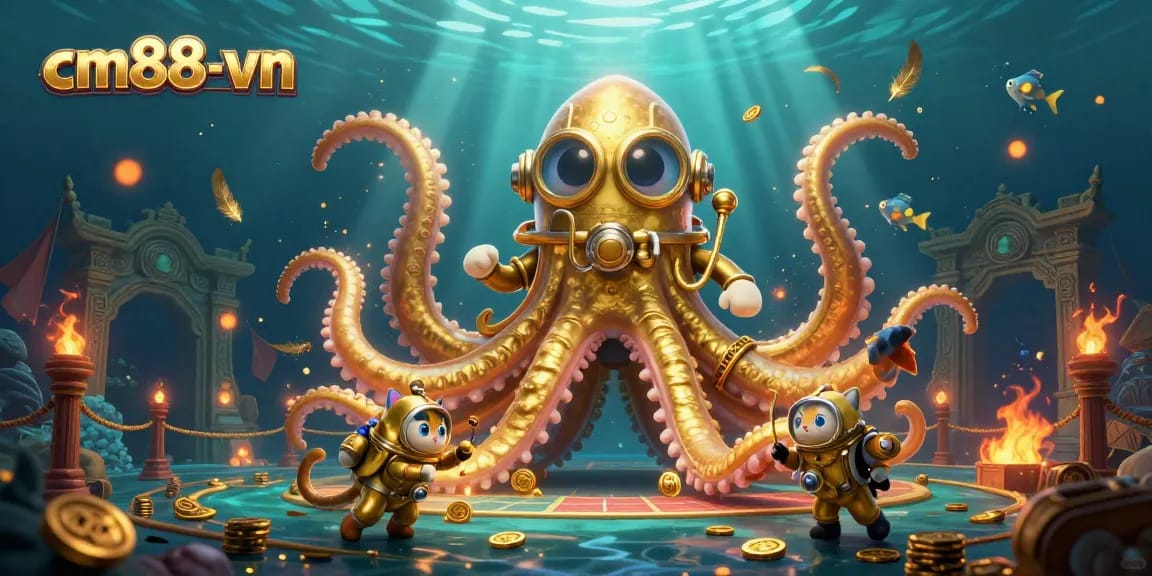 Experience thrilling underwater action with cm88-vn, featuring a kraken and diving cat amidst casino-themed elements.