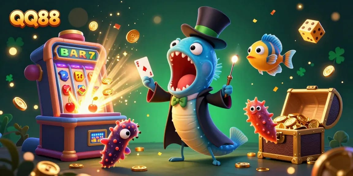 Experience QQ88's thrilling magic show with vibrant slot machines and animated underwater characters.