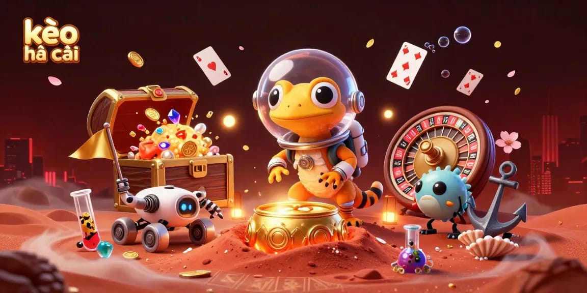 Experience kèo nhà cái action with a Martian gecko and a golden casino scene amidst dynamic gameplay elements.