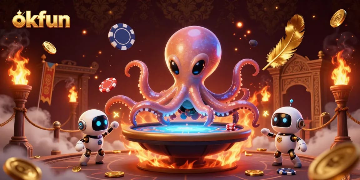 Enjoy exciting games at okfun with a cosmic octopus dealing poker in a vibrant casino setting.