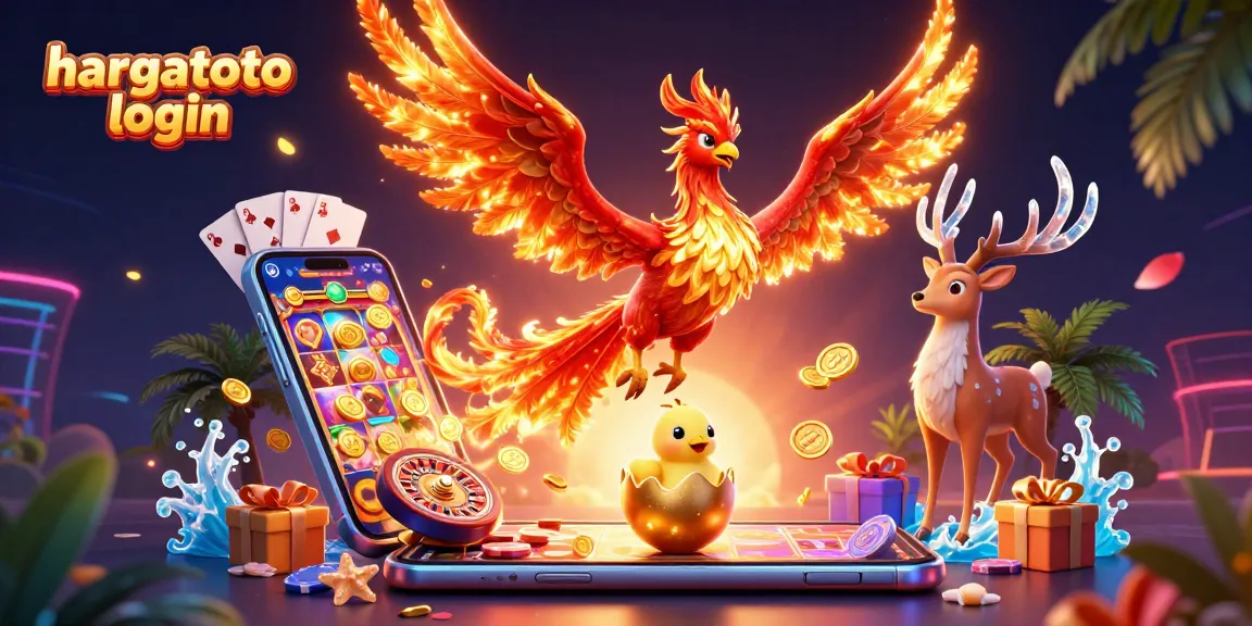 Engage with hargatoto login through a lively 3D illustration of a phoenix and gaming elements.
