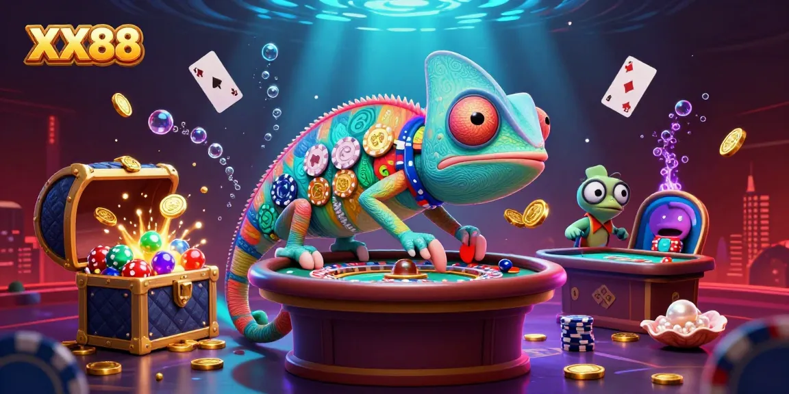 Engage in thrilling gaming at XX88 with vibrant casino elements and a colorful chameleon mascot.