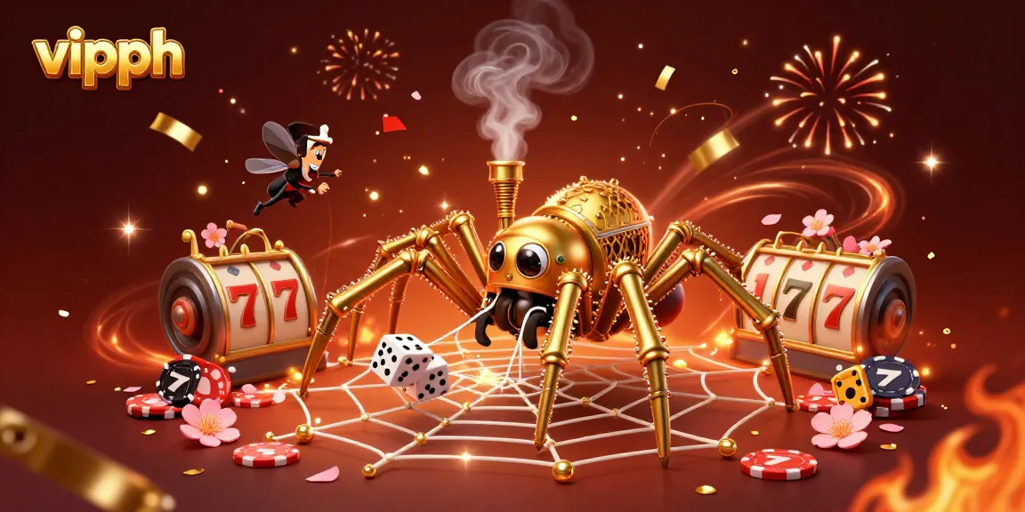 Experience thrilling slots at vipph with a steampunk spider and flying gentleman amidst vibrant casino elements.
