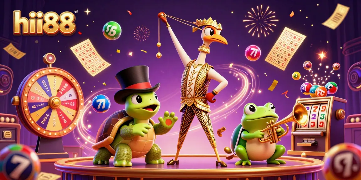 Engage with hii88's vibrant casino experience featuring colorful lottery elements and lively characters.