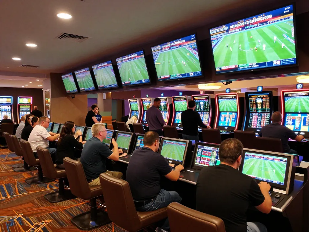 Excited patrons engaging in tỷ lệ bóng đá tv betting at a vibrant sports betting area
