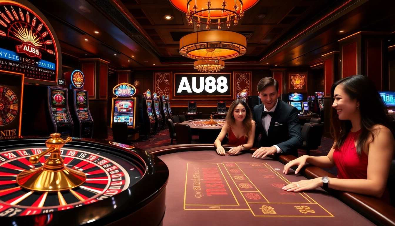 Engaging casino scene featuring AU88 branding with roulette and poker elements.