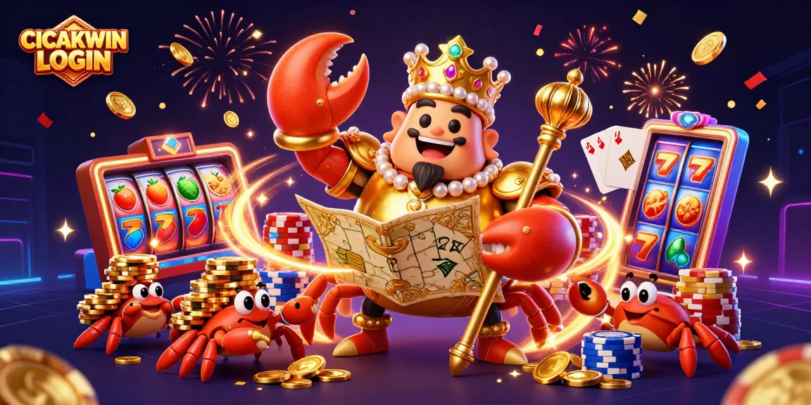 CICAKWIN LOGIN engaging scene showcasing a golden crab emperor and slot reels bursting with coins.