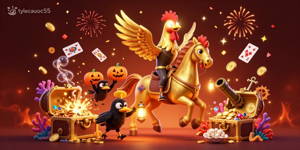 Experience the vibrant world of tylecacuoc55 with a golden rooster and companions celebrating in a dynamic casino scene.