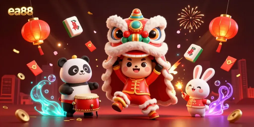 Engage with the vibrant energy of ea88 in this 3D casino scene with festive characters and decorations.