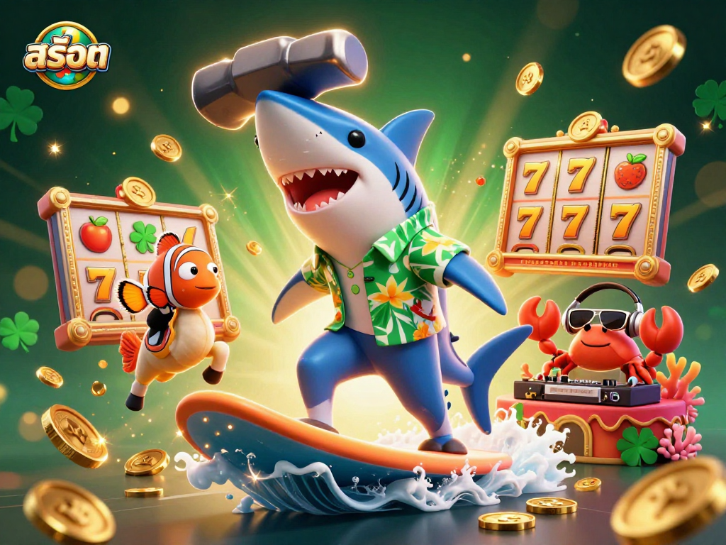 Experience winning strategies with สล็อต as a hammer-head shark surfs gold coins alongside colorful aquatic friends in a vibrant casino scene.