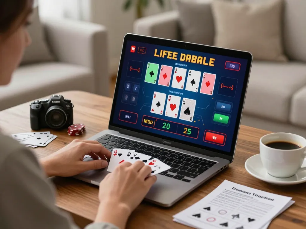 Playing blackjack on fun79 with lively stakes, showcasing a cozy home setup for strategic gaming.