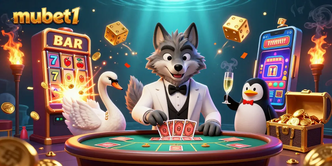 Spin winning jackpots with mubet1 in this vibrant casino scene featuring a wolf, swan, and penguin.