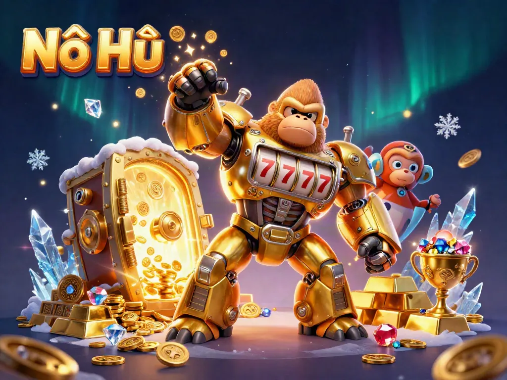 Play Nổ Hũ with a golden gorilla mech in a vibrant 3D casino scene bursting with treasures.