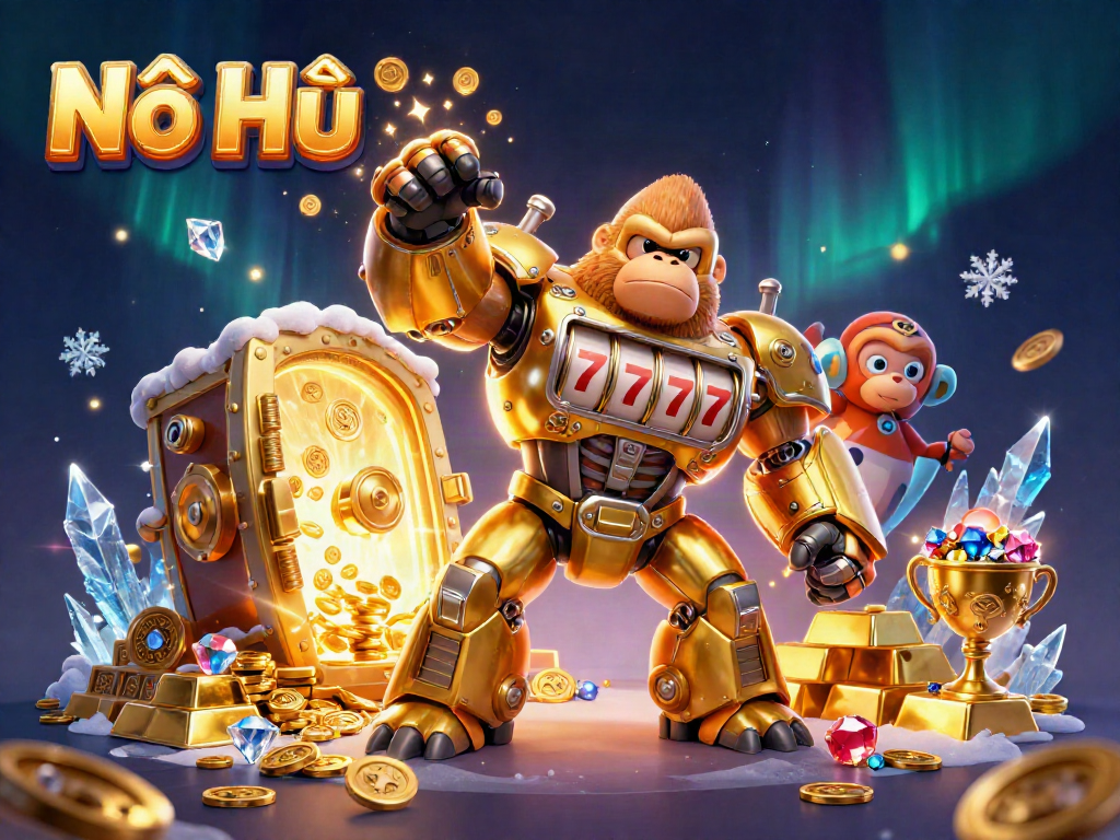 Play Nổ Hũ with a golden gorilla mech in a vibrant 3D casino scene bursting with treasures.