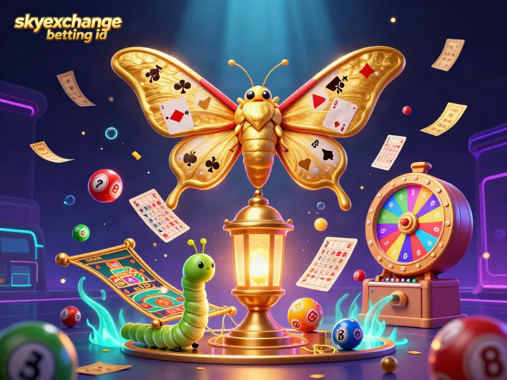 Engage in action with the skyexchange betting id, featuring a vibrant 3D illustration of an atlas moth in a dynamic casino-themed environment.