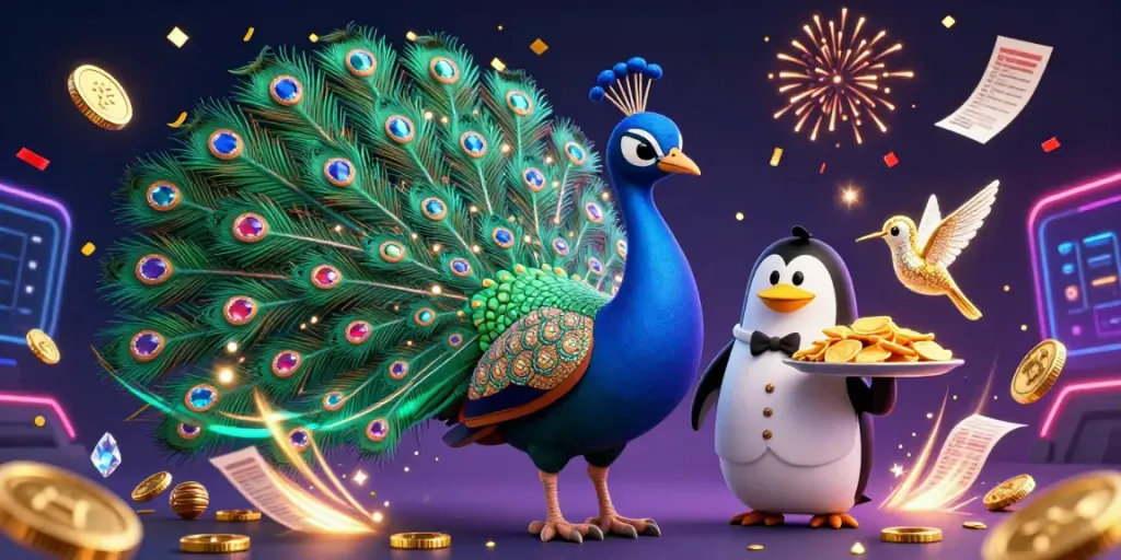 Engage with kèo bóng đá nhà cái through vibrant 3D illustration featuring a peacock, penguin, and hummingbird in a dynamic sports betting scene.