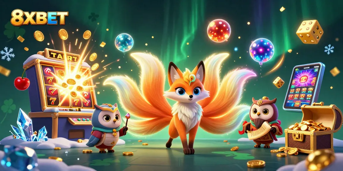 Experience the vibrant world of 8XBET with dazzling characters and casino elements in this animated illustration.