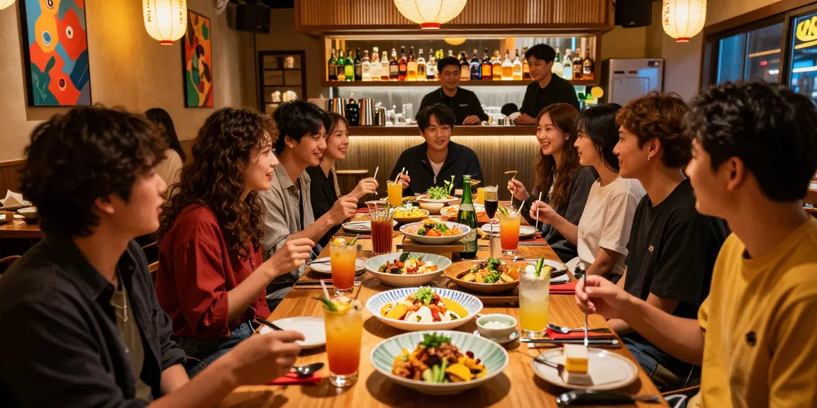 Friends enjoying a meal at Red88.com, showcasing vibrant Asian fusion dishes in a lively restaurant setting.