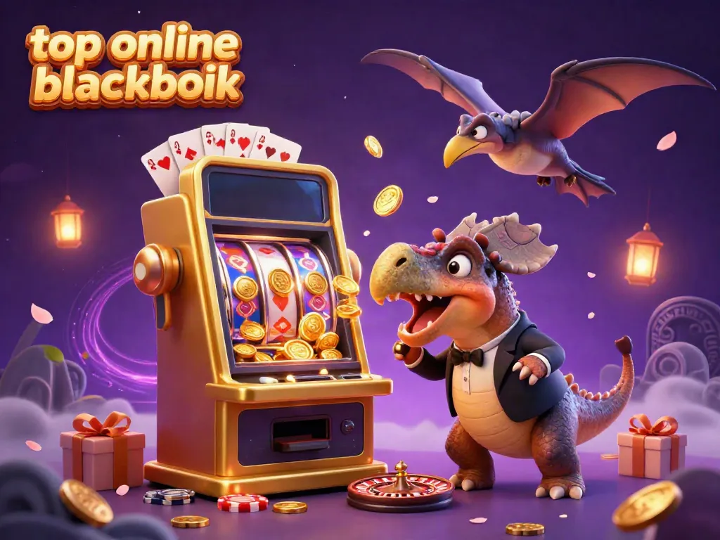 Experience top online blackjack excitement with a thrilling 3D casino scene featuring animated dinosaurs and vibrant games.
