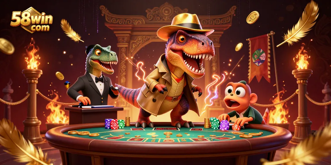 Play with 58win com at a vibrant casino where a velociraptor balances at a blackjack table.