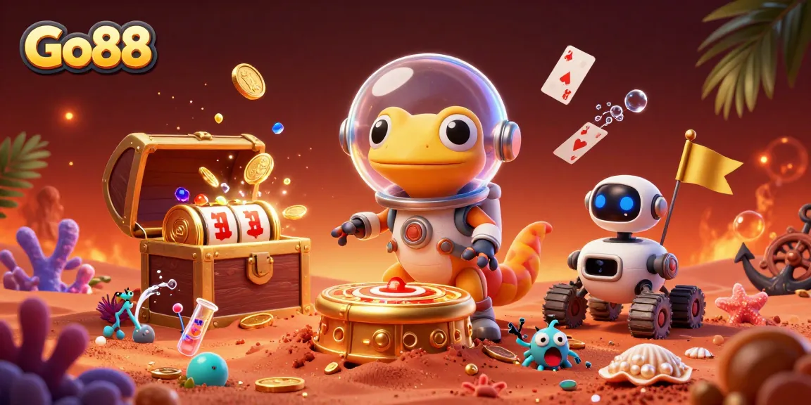 Go88's vibrant casino discovery scene with characters and explosive treasure for immersive gaming.