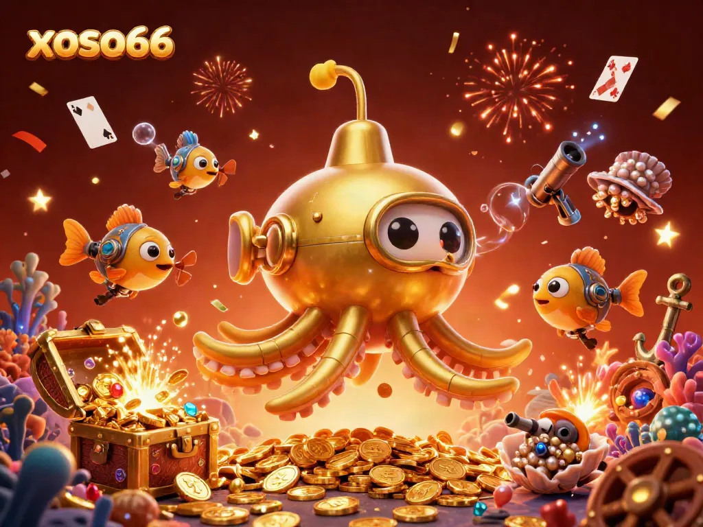 Experience thrilling underwater adventures with xoso66, featuring a golden kraken submarine and treasure chests exploding with gems!