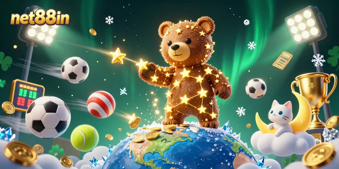 Catch thrilling moments with net88in as a cartoon constellation bear scoops up coins in an enchanted sky.