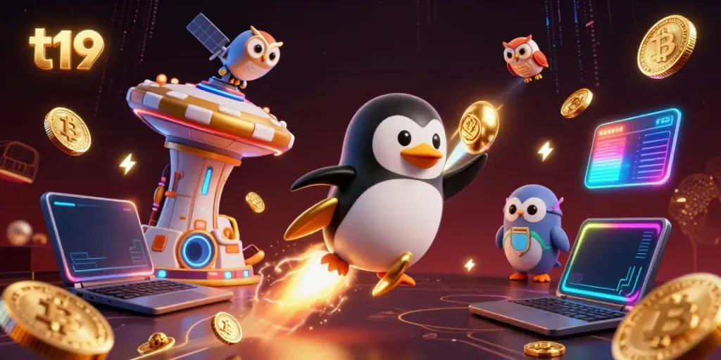 Experience thrilling casino adventures with T19, featuring a penguin and vibrant crypto elements.
