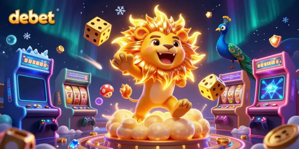 Experience the excitement of debet with a roaring sun lion, golden dice, and vibrant slot reels in a dynamic casino scene.