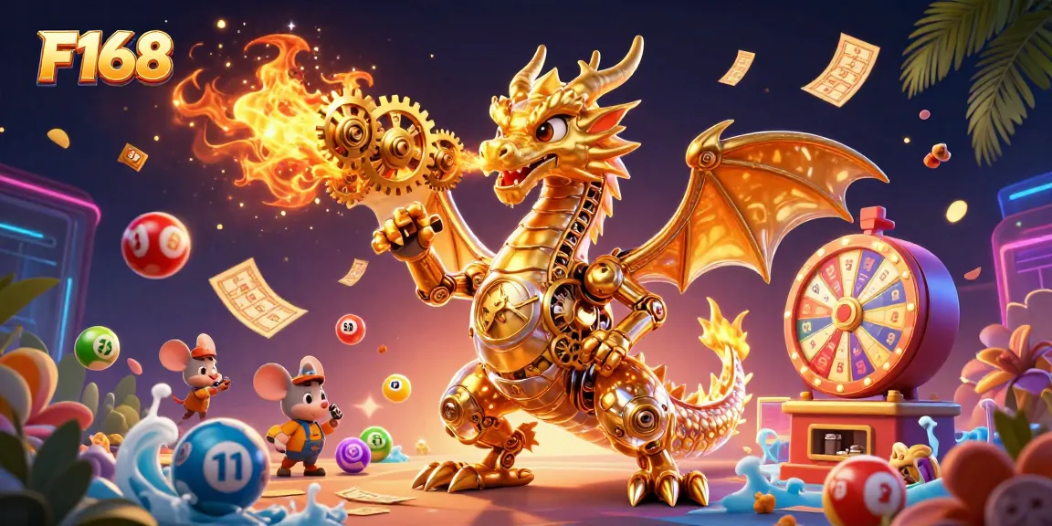 Engage in exciting gameplay at F168 with vibrant lottery balls and a golden dragon illustration.