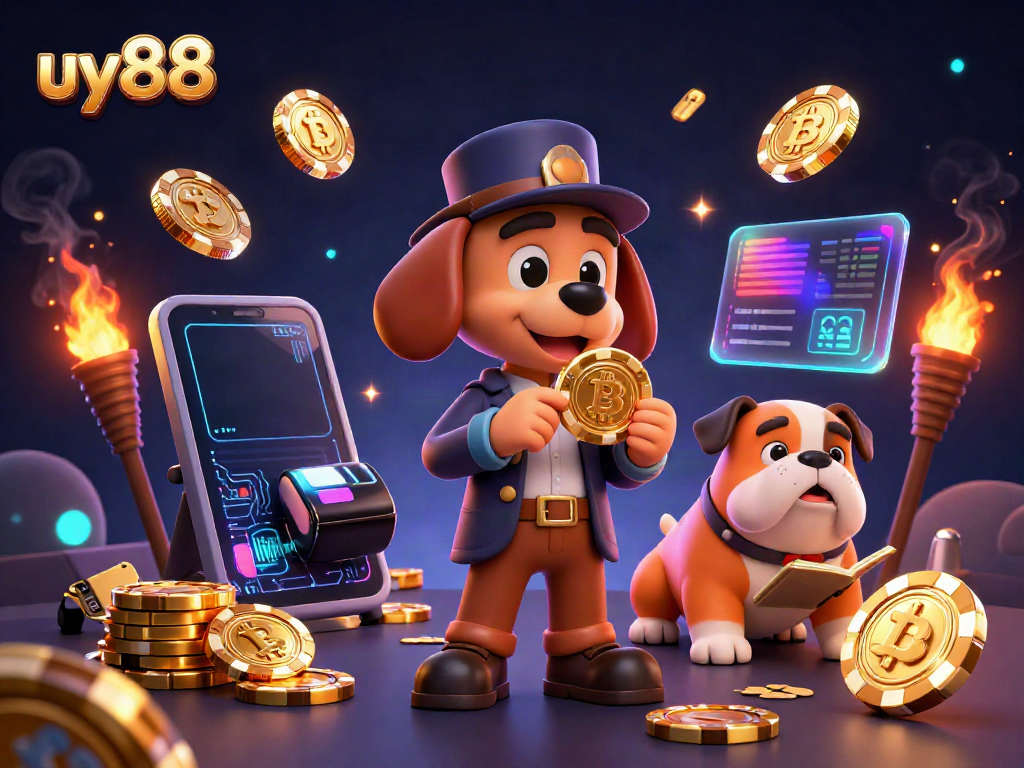 Explore the thrilling games at uy88 with a dynamic illustration, featuring detective characters and digital gaming elements.