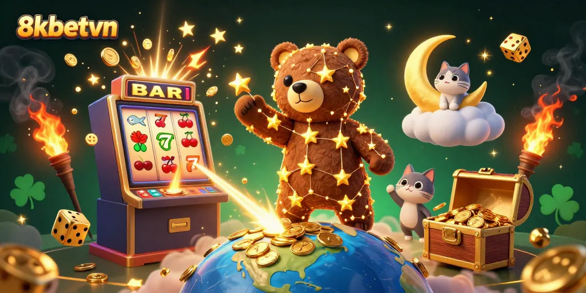 Win big with 8kbetvn as the constellation bear scoops coins amidst casino action.