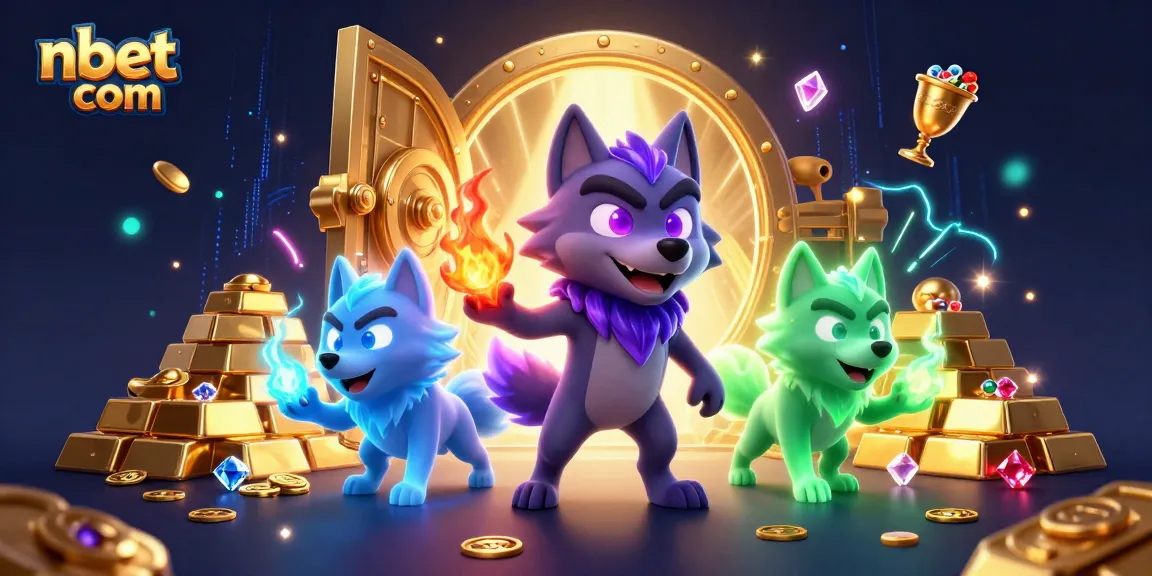 Bet big with nbet com surrounded by treasure in this dynamic 3D casino illustration featuring wolf characters.