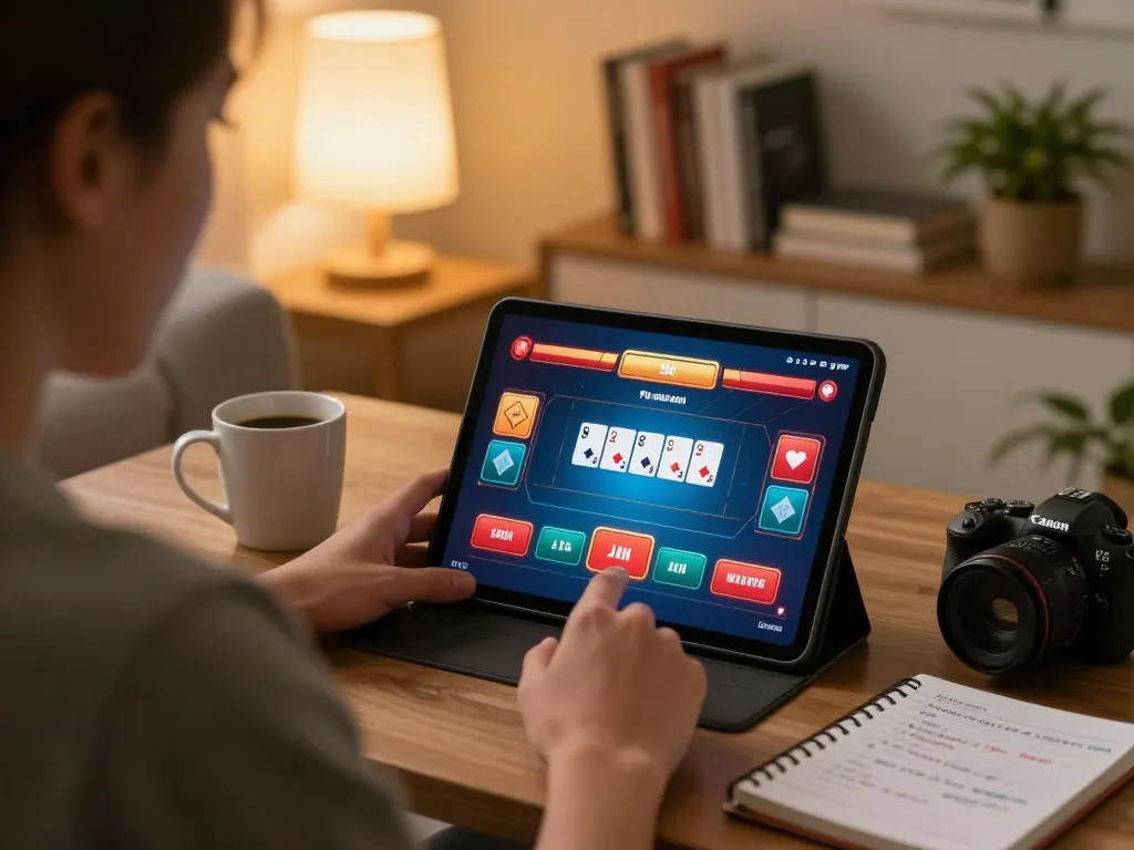 Player strategizing on hi88 poker app in a cozy home environment with tablet.