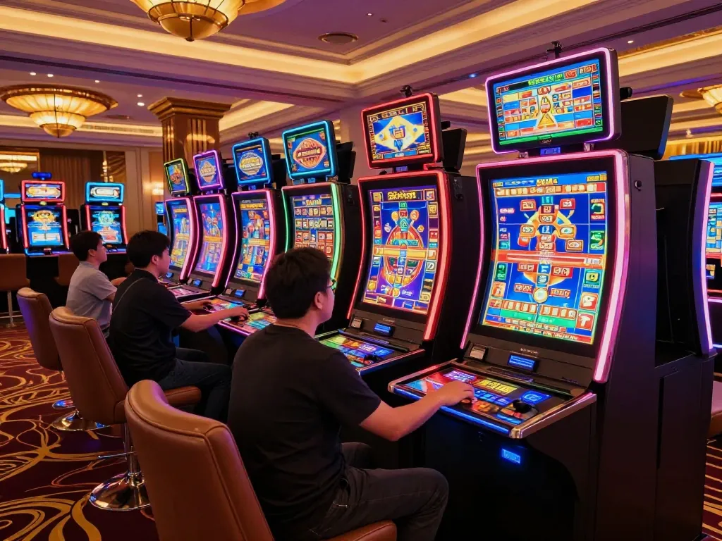 Players engaging with slot machines at Saibo898 Casino, showcasing the vibrant atmosphere and excitement of winning.