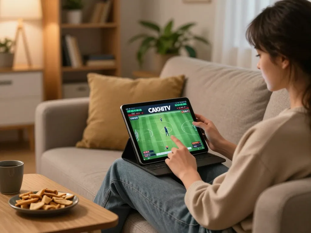Person enjoying online sports betting on CAKHIATV, cozy home setting, tablet display
