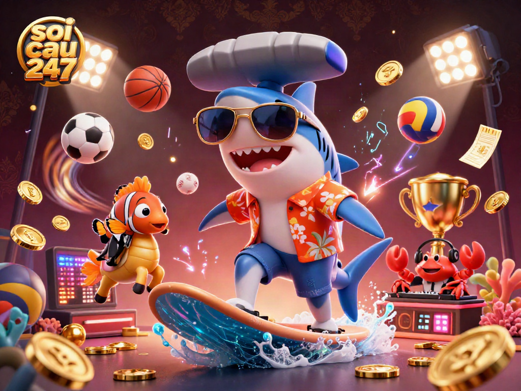 Soi cau 247 showcases a dynamic scene of animated characters surfing on gold coins while engaging with sports elements.