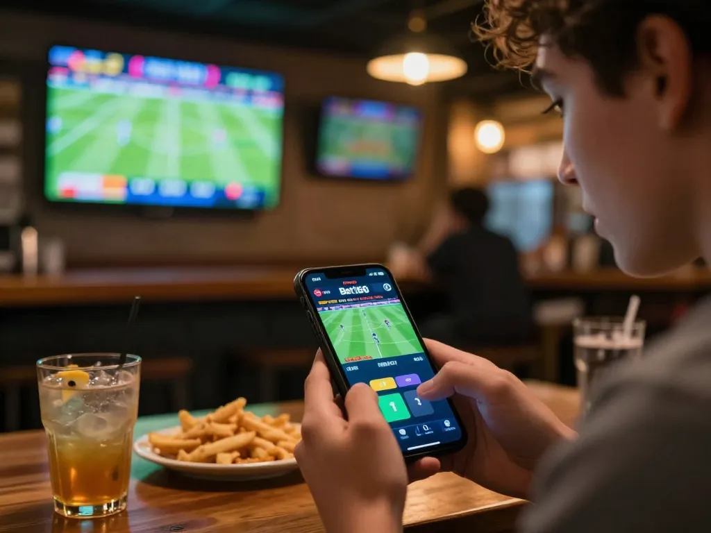 Bóng đá Bet168 live betting scene with smartphone and football match highlights