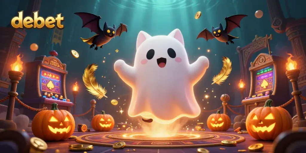 Engage in exciting gaming adventures with Debet's vibrant haunted casino scene featuring a friendly ghost cat and glowing elements.