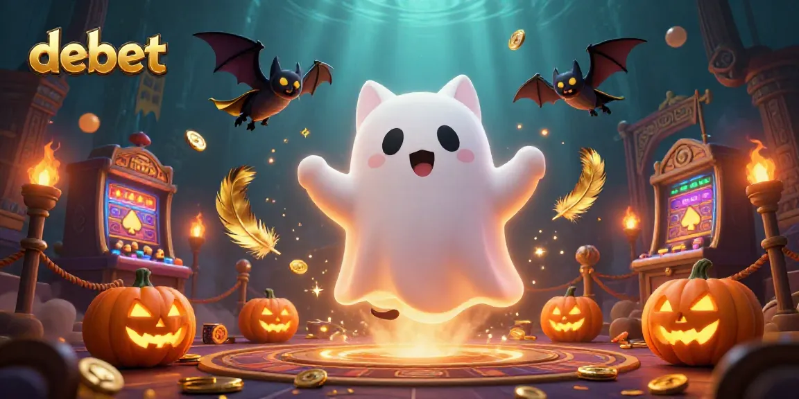 Engage in exciting gaming adventures with Debet's vibrant haunted casino scene featuring a friendly ghost cat and glowing elements.