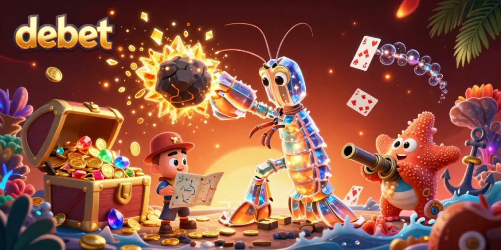 Experience the debet gaming excitement with galactic shrimp battling for golden treasures in a vibrant underwater scene.