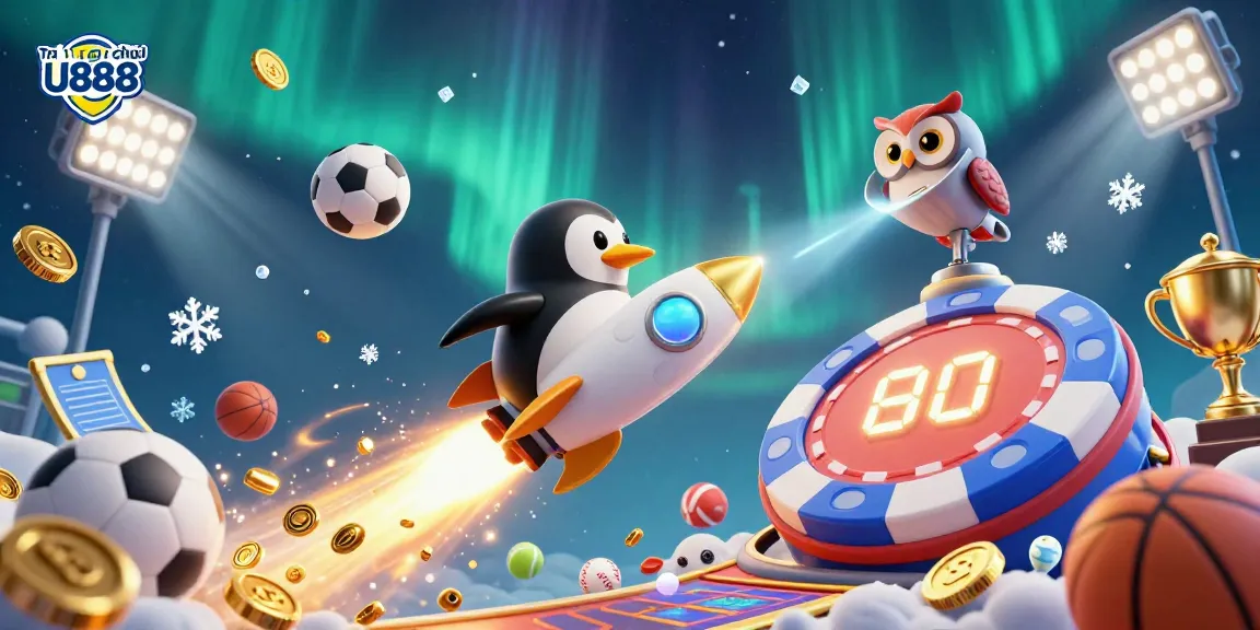 Experience exciting gambling at Tra ng chủ U888 with a vibrant, dynamic casino space adventure illustration.