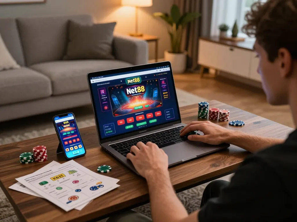 Engaging in net88 online casino gaming with laptop in modern living room, showcasing strategic play