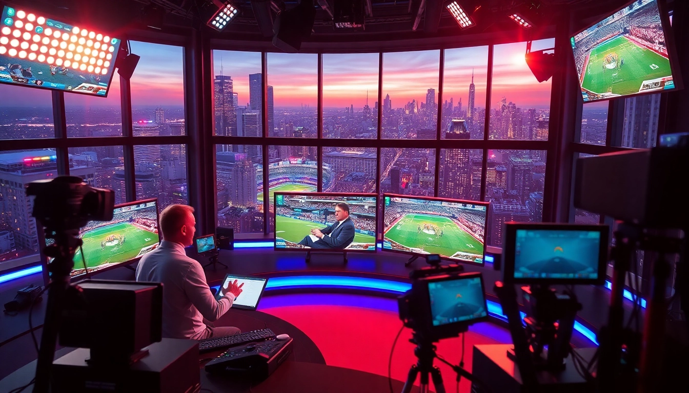 Host in a professional sports broadcasting studio sharing insights on Sports Broadcasting.